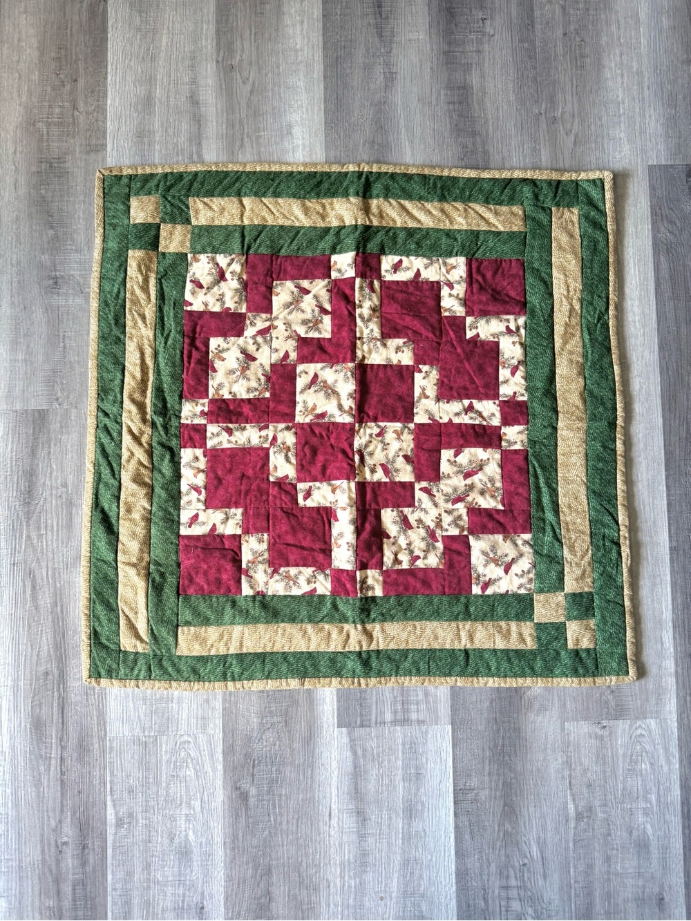 Handmade Cardinal Bird Patchwork Quilt Burgundy Green Winter Country Cottage